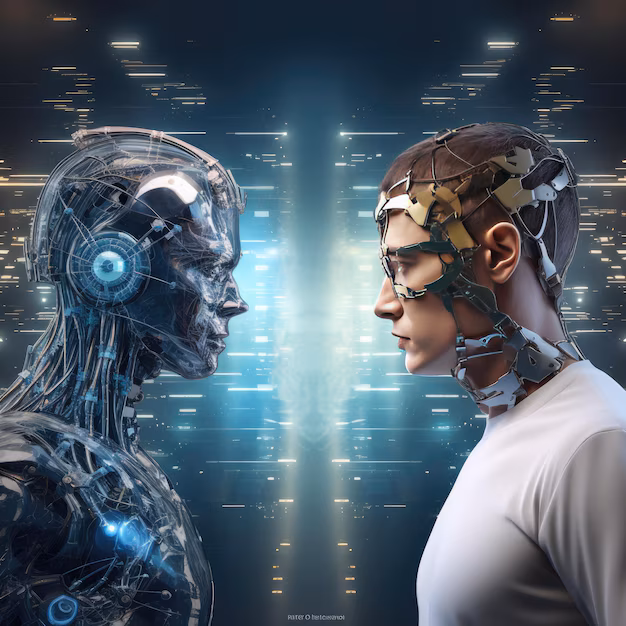 A humanoid AI figure and a person wearing a neural headpiece facing each other