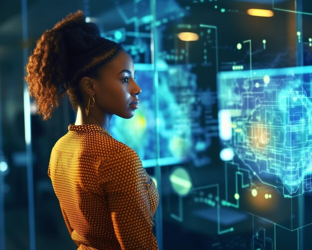 Person viewing glowing holographic data displays in a monitoring centre
