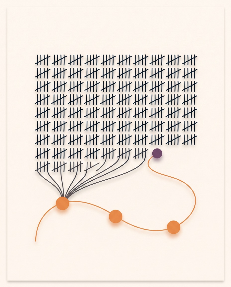 Dense rows of repeated tally marks gathering into a single continuous flowing line