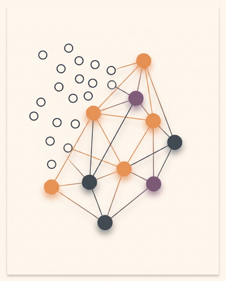 Scattered unconnected marks resolving into one weighted, connected structure